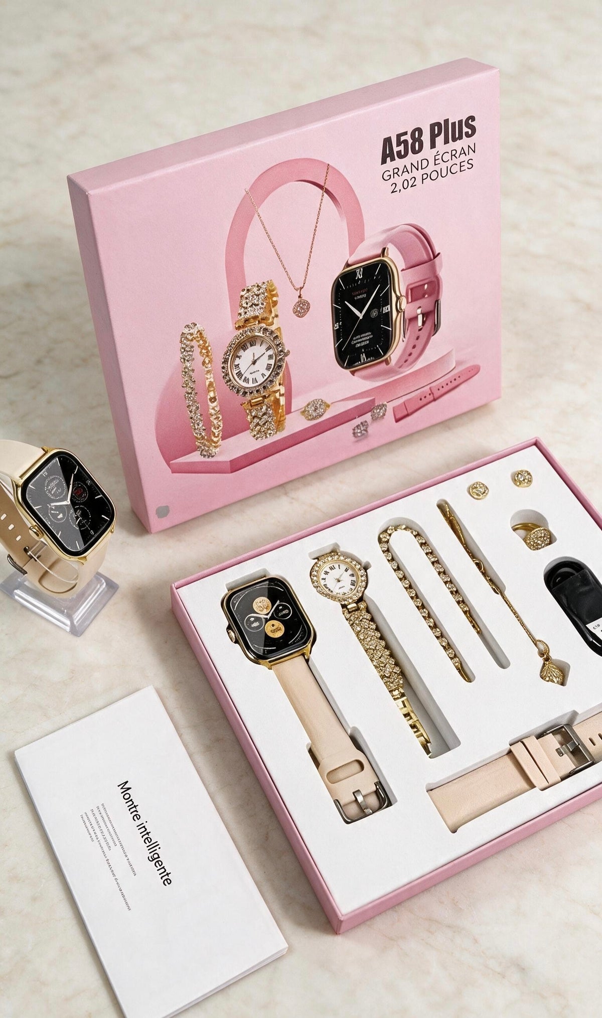 Coffret Cadeau Couple Premium A58 Plus – Montre Connectée, Montre Homme Dorée & Bijoux Femme (Plusieurs Couleurs)