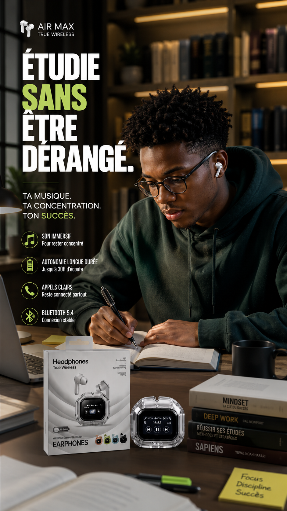 Écouteurs Sans Fil Premium à Écran Tactile Intelligent: Réduction intelligente des bruits • Son haute fidélité • Bluetooth 5.3 • Appels HD • Autonomie longue durée