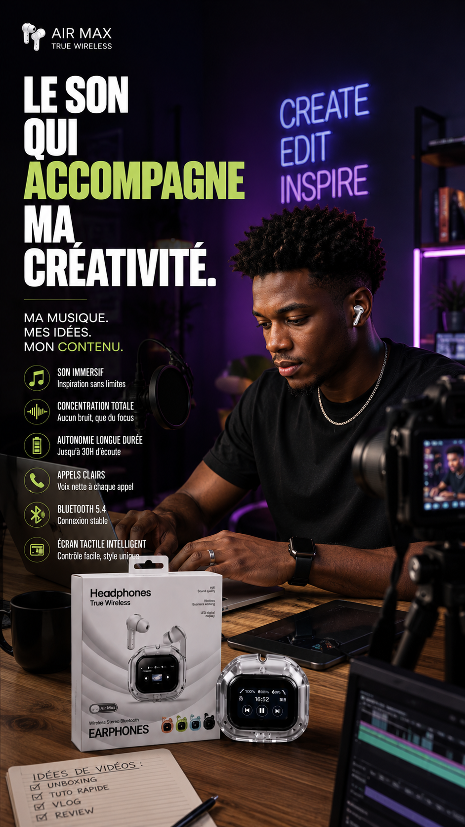 Écouteurs Sans Fil Premium à Écran Tactile Intelligent: Réduction intelligente des bruits • Son haute fidélité • Bluetooth 5.3 • Appels HD • Autonomie longue durée