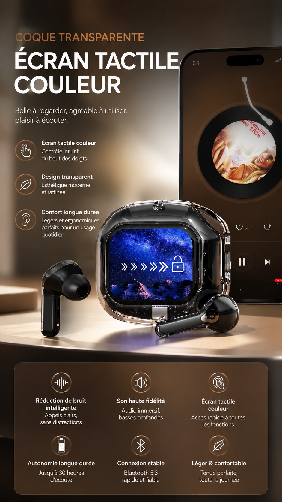 Écouteurs Sans Fil Premium à Écran Tactile Intelligent: Réduction intelligente des bruits • Son haute fidélité • Bluetooth 5.3 • Appels HD • Autonomie longue durée