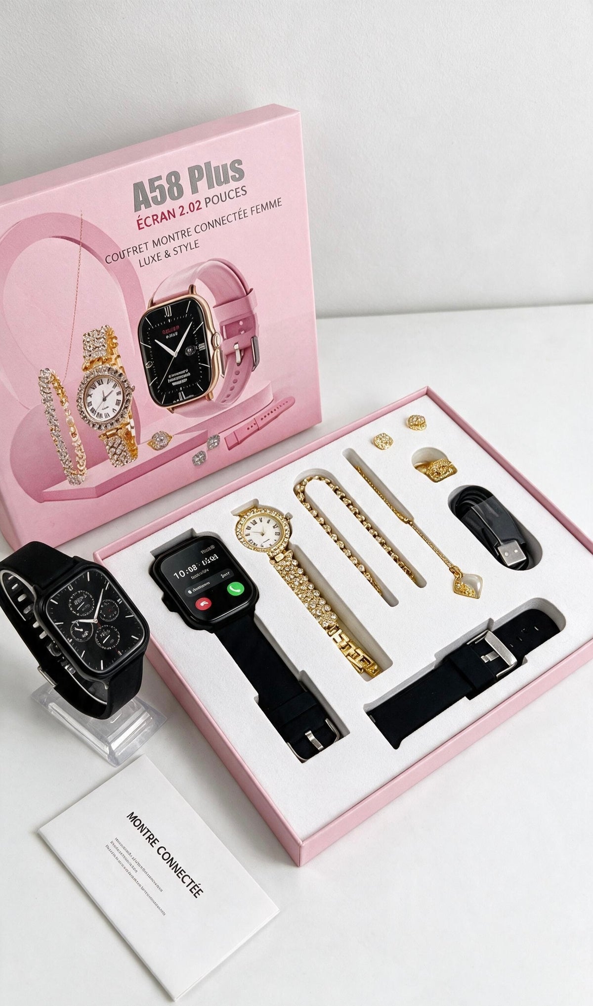 Coffret Cadeau Couple Premium A58 Plus – Montre Connectée, Montre Homme Dorée & Bijoux Femme (Plusieurs Couleurs)