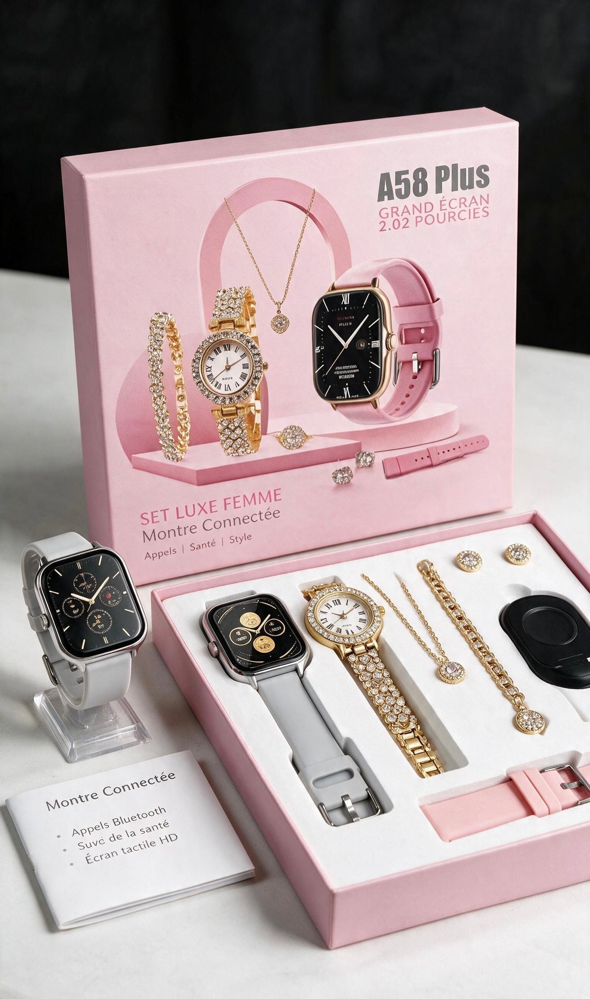 Coffret Cadeau Couple Premium A58 Plus – Montre Connectée, Montre Homme Dorée & Bijoux Femme (Plusieurs Couleurs)