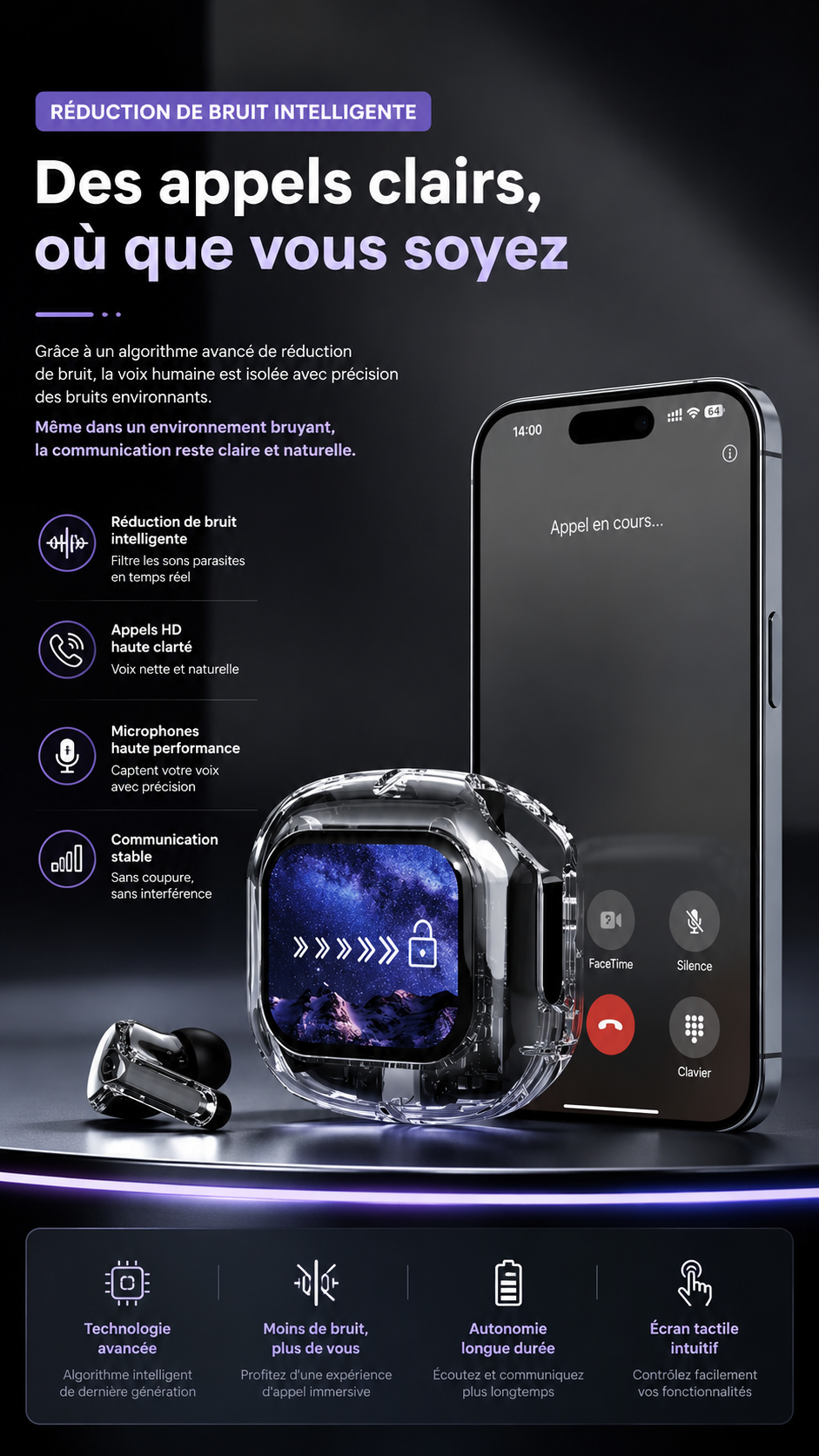 Écouteurs Sans Fil Premium à Écran Tactile Intelligent: Réduction intelligente des bruits • Son haute fidélité • Bluetooth 5.3 • Appels HD • Autonomie longue durée