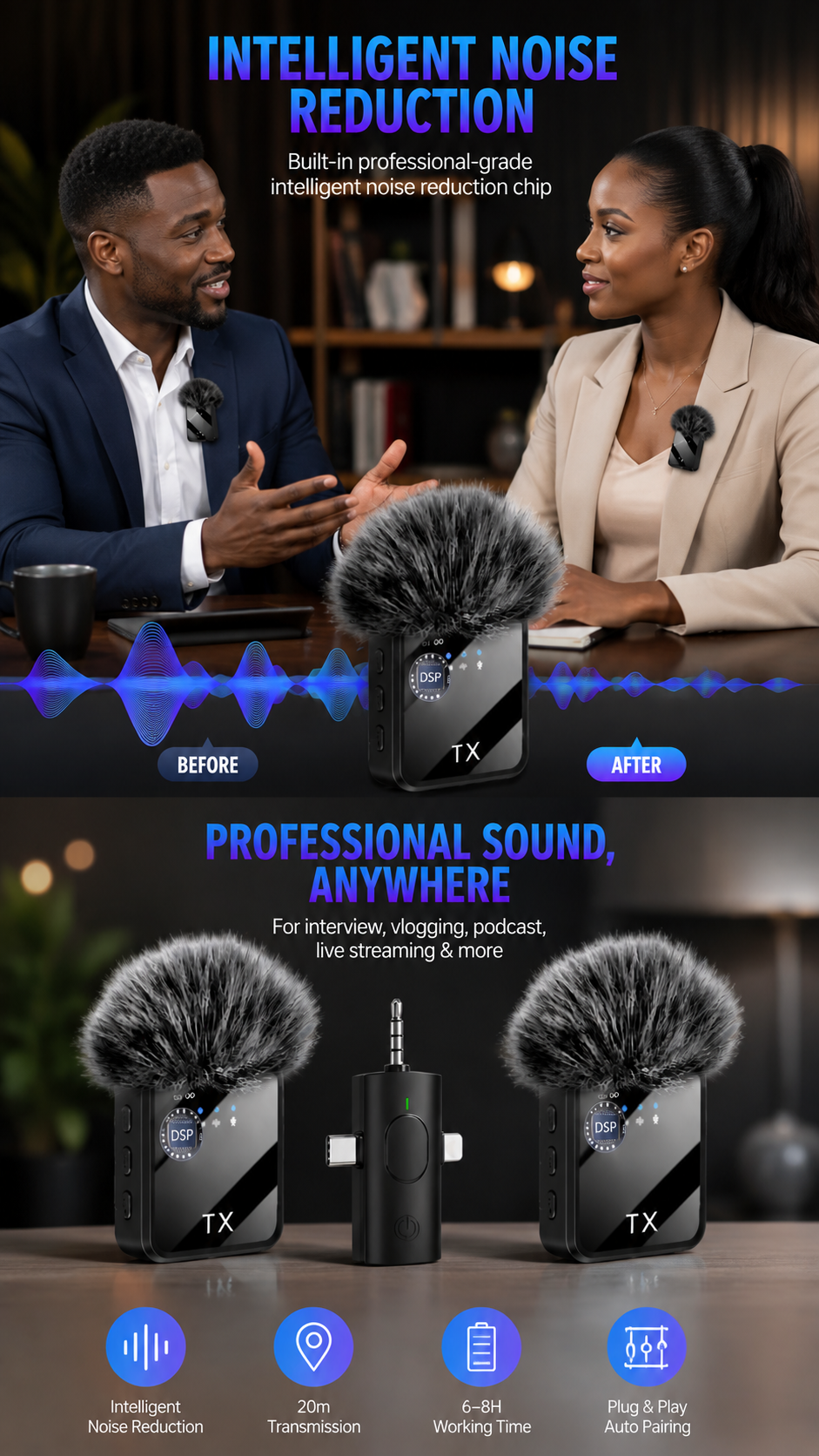 Double Micro Cravate Sans Fil F11-2 – Spécial Interview & Vlogging | reduction intelligente des bruits