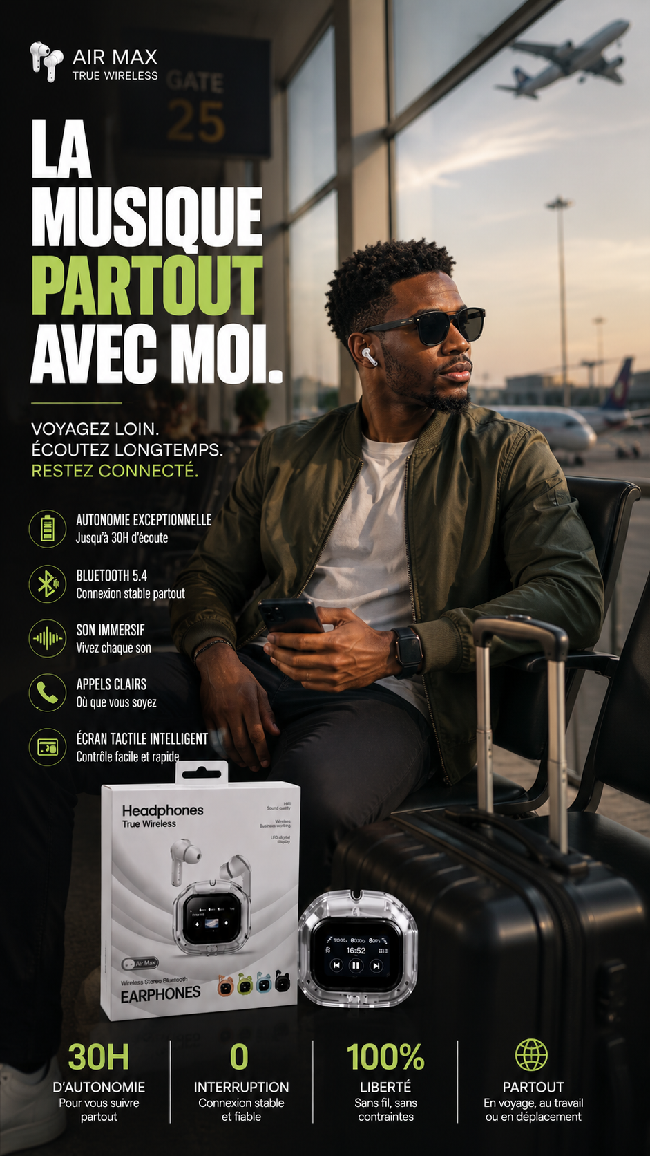 Écouteurs Sans Fil Premium à Écran Tactile Intelligent: Réduction intelligente des bruits • Son haute fidélité • Bluetooth 5.3 • Appels HD • Autonomie longue durée