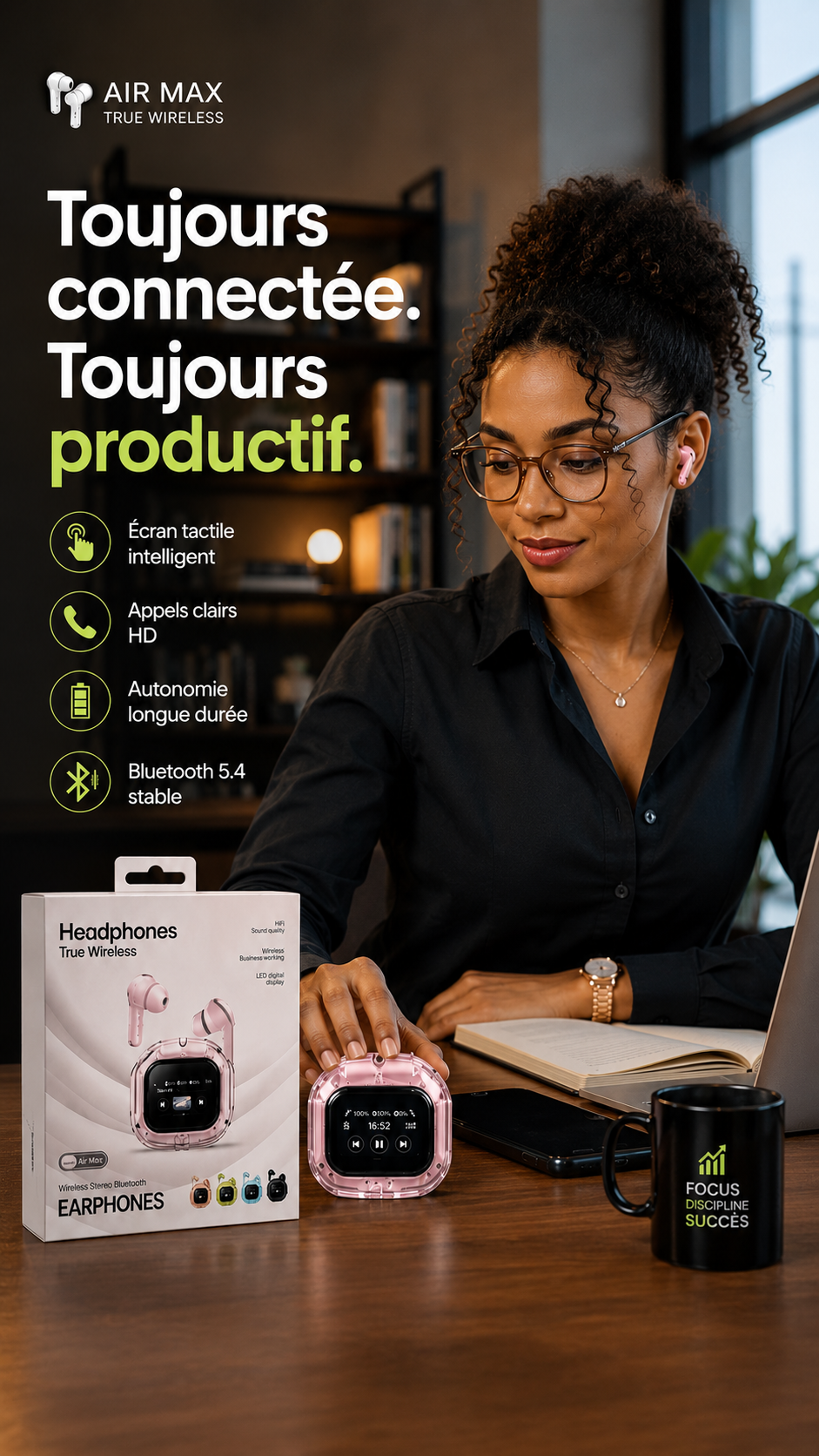 Écouteurs Sans Fil Premium à Écran Tactile Intelligent: Réduction intelligente des bruits • Son haute fidélité • Bluetooth 5.3 • Appels HD • Autonomie longue durée