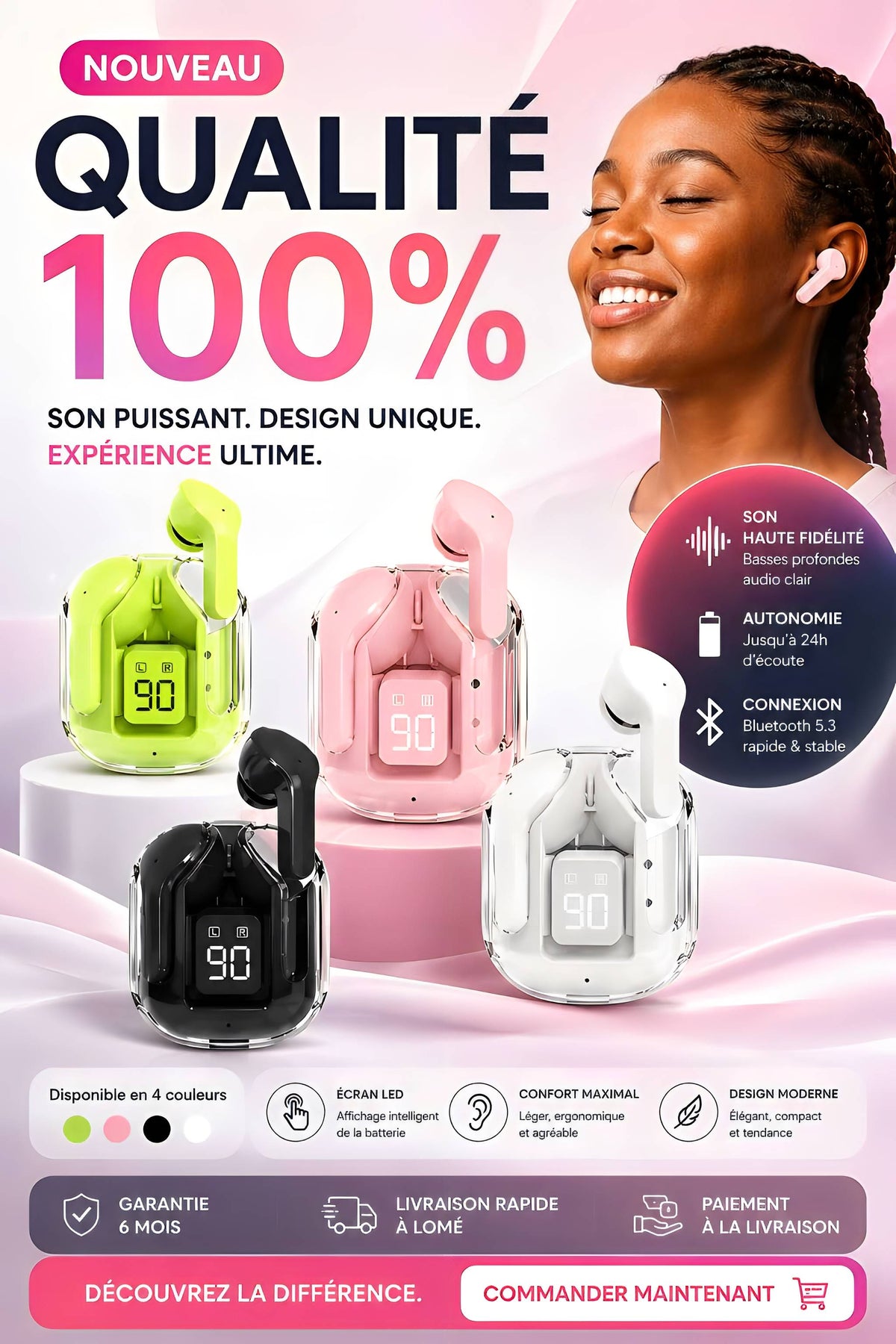 Air31 Transparent LED – Écouteurs Bluetooth Sans Fil Premium | Son HD & Écran LED