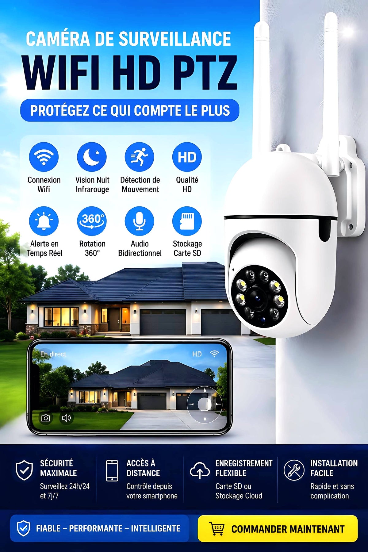 Caméra de Surveillance 360° WiFi – Vision Nocturne & Alarme Intelligente.