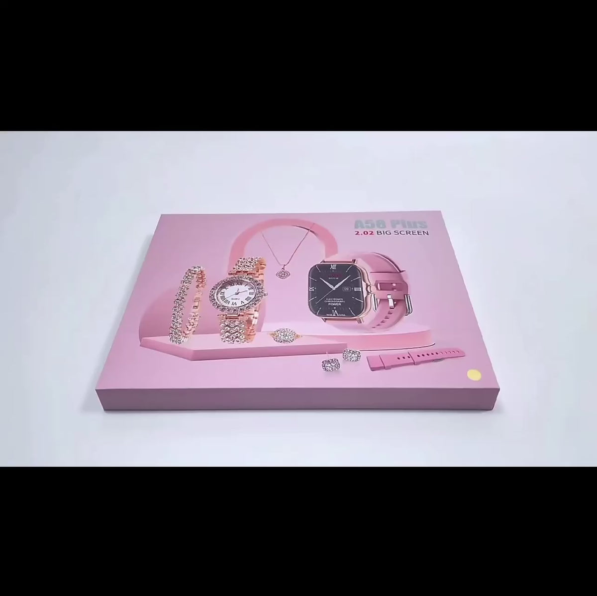 Coffret Cadeau Couple Premium A58 Plus – Montre Connectée, Montre Homme Dorée & Bijoux Femme (Plusieurs Couleurs)